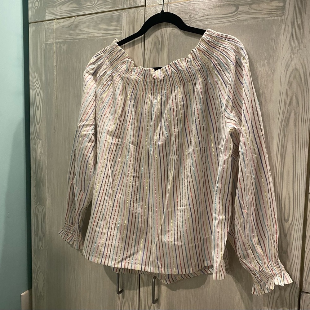 Bnwt Boden women’s Cotton Peasant Shirt with metallic stripes size 12